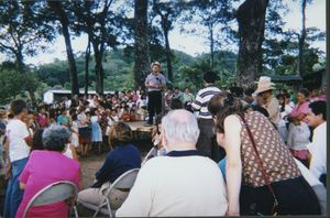 Speaker and crowd at Santa Marta Celebration, November 1997