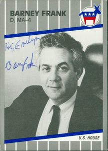 Congressman Barney Frank (D-MA, District 4), 101st Congress trading card, front (signed with note to Evelyn Moakley