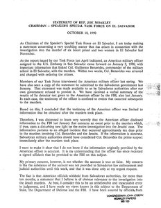 Statement of John Joseph Moakley as Chairman of the Speaker's Special Task Force on El Salvador, 18 October 1990