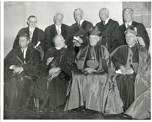 Honorary degree recipients: John F. Kennedy, Father Maxwell, Richard Cushing, Frederick Donagh, Charles Munch, and Edward Williams