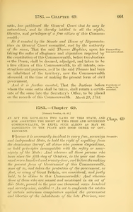 1783 Chap. 0069 An Act For Repealing Two Laws Of This State, And For Asserting The Right Of This Free And Sovereign Commonwealth, To Expel Such Aliens As May Be Dangerous To The Peace And Good Order Of Government.