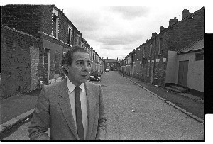 Hugh Smyth, PUP politician. Shots taken in his home area, the Shankill Road, Belfast