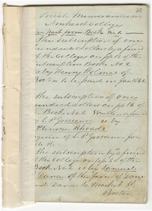 Joseph Vaill memorandum with details regarding subscribers to Amherst College funds, 1841-1844