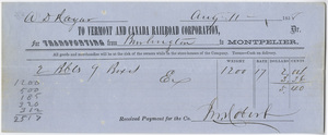A. D. Hayar? receipt of payment to the Vermont and Canada Railroad Corporation, 1858 August 11
