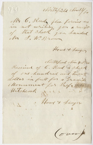 Notice of receipt of payment by C. Reed for Edward Hitchcock to Howe & Sawyer, 1860