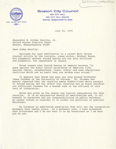 Letter from Louise Day Hicks, Boston City Councilor, to Judge W. Arthur Garrity, 1975 July 28