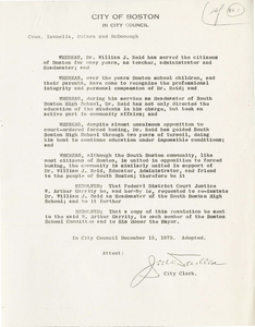 Boston City Council resolution concerning South Boston High School headmaster William J. Reid, 1975 December 15