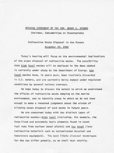Radioactive Waste Disposal in the Oceans: Opening Statement of the Honorable Gerry E. Studds