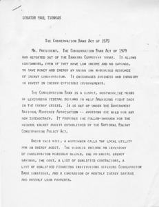 Tsongas to Mr. President on the Conservation Bank Act of 1979
