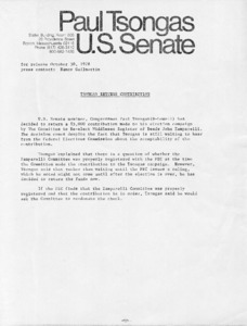 Tsongas returns Contribution