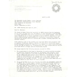 Letter, H3084 hearing date April 9, 1979.