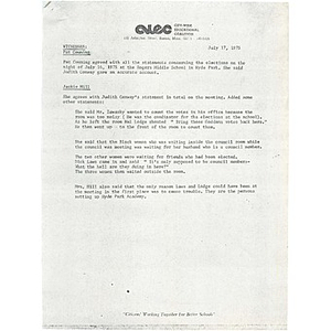 Memo, statements about elections at Rogers Middle School, July 16, 1975.