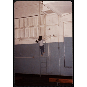 A girl climbs a ladder on the wall of the Charlestown gymnasium