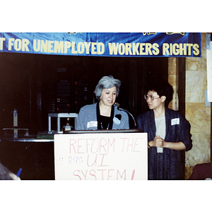 Speaker and Suzanne Lee at an unemployment insurance rally