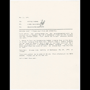 Letter from Linda Mayo-Perez to Mittie Thomas about Goldenaires business