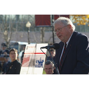 Trustee Neal Finnegan speaks at the Veterans Memorial dedication ceremony