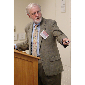 Bill Hancock lecturing at the NU Today Cancer Research Panel