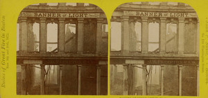 Stereograph of the Banner of Light office ruins, Boston, Mass., November 9 and 10, 1872