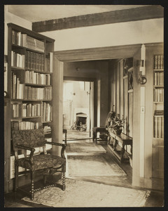 Interior view of the Dreier House, living room, looking toward hall and study, Winchester, Mass., undated