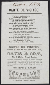 Handbill for carte de visites, Davis & Co.'s, No. 2 Winter Street, Boston, Mass., dated March 1864