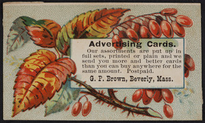 Trade card for G.P. Brown, advertising cards, Beverly, Mass., undated