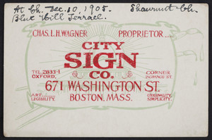 Trade card for the City Sign Co., 671 Washington Street, corner Lagrange Street, Boston, Mass., undated