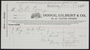Billhead for Dodge, Gilbert & Co, iron and steel, Boston, Mass., dated January 22, 1870