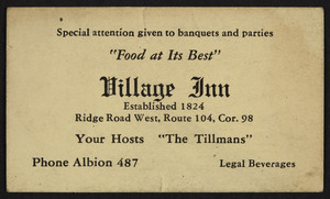 Trade card for the Village Inn, restaurant, Ridge Road West, Route 104, corner 98, location unknown, undated