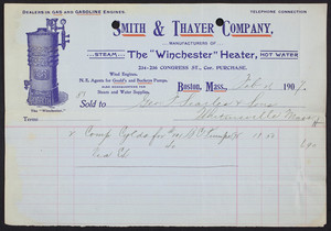 Billhead for the Smith & Thayer Company, manufacturers of The Winchester Heater, 234-236 Congress Street, corner Purchase, Boston, Mass., dated February 21, 1907