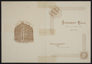 Announcement for Steinert Hall, M. Steinert & Sons, Boylston & Tremont Streets, Boston, Mass., January 1887