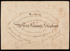 Reward of merit, Miss Nancy Stephens, Medford, Mass.