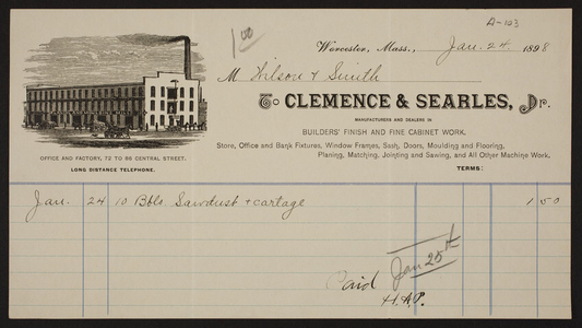 Billhead for Clemence & Searles, Dr., builders finish and fine cabinet work, 72 to 86 Central Street, Worcester, Mass., dated January 24, 1898