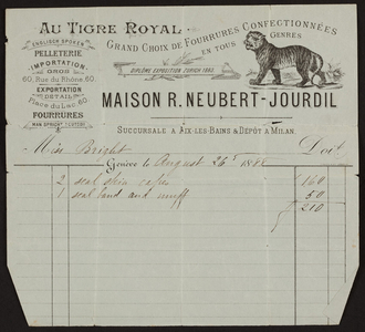 Billhead for Maison R. Neubert-Jourdil, 60 Rue du Rhone, Place du Lac, 60, Geneve, Switzerland, dated August 26, 1888