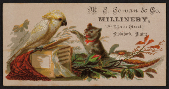 Trade card for M.C. Cowan & Co., millinery, 129 Main Street, Biddeford, Maine, undated