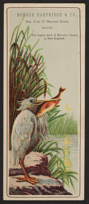 Trade card for Horace Patridge & Co., importers of fancy goods and toys, 51, 53, 55 & 57 Hanover Street, opposite American House, Boston, Mass., undated