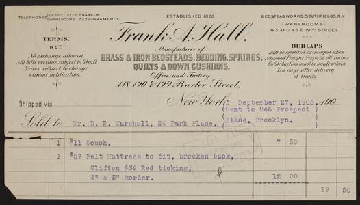 Billhead for Frank A. Hall, brass & iron bedsteads, bedding, springs, quilts & down cushions, 118, 120 & 122 Baxter Street, New York, New York, dated September 27, 1905