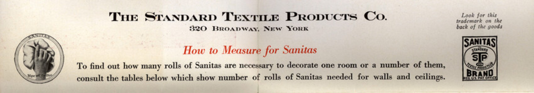 How to measure for Sanitas, Standard Textile Products Co., 320 Broadway, New York, New York