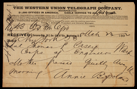 Annie B. Poland to Thomas Lincoln Casey, March 23, 1894, telegram