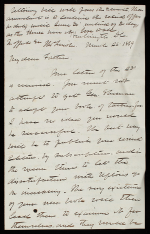 Thomas Lincoln Casey to General Silas Casey, March 26, 1869
