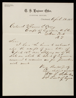 William L. Sibert to Thomas Lincoln Casey, April 14, 1888