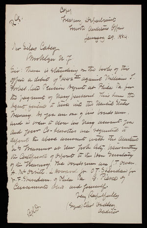 [Charles] Dudley to Silas Casey, January 29, 1884