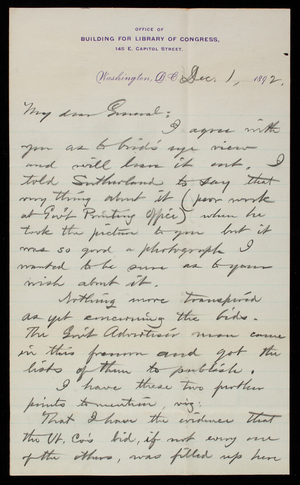 [Bernard. R.] Green to Thomas Lincoln Casey, December 1, 1892