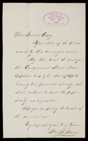 [William] J. Warren to Thomas Lincoln Casey, September 5, 1888