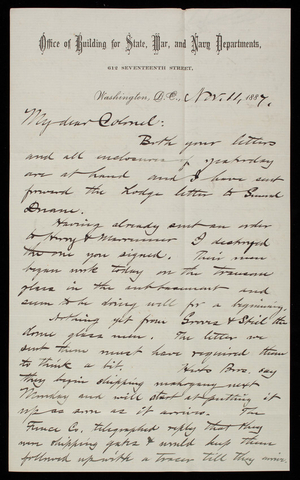 Bernard R. Green to Thomas Lincoln Casey, November 11, 1887