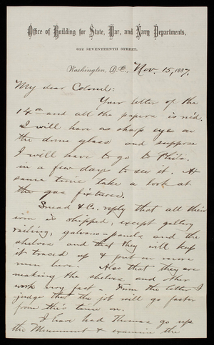 Bernard R. Green to Thomas Lincoln Casey, November 15, 1887