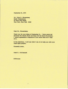 Letter from Mark H. McCormack to Fritz G. Blumenberg