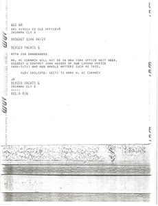 Telex prinotut from Judith A. Chilcote to Jon Bannenberg