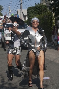 Parade marcher in metallic outfit : Provincetown Carnival parade