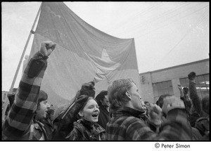 MIT war research demonstration: demonstrators raising their fists in front of the NLF flag