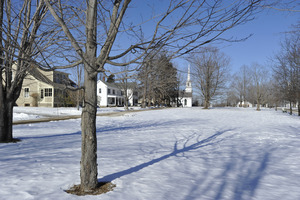 New Salem Common under snow, looking north toward 1794 Meeting House (First Congregational Church)